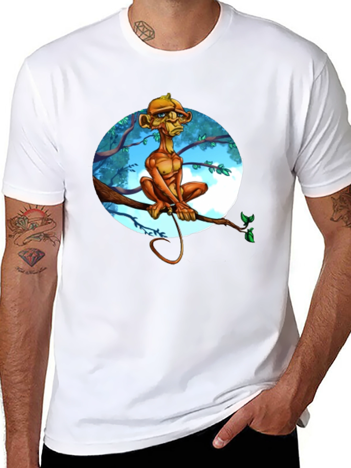 Unique Cartoon Monkey Tree Branch Graphic T-Shirt