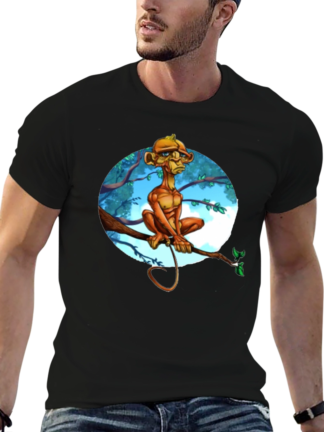 Unique Cartoon Monkey Tree Branch Graphic T-Shirt