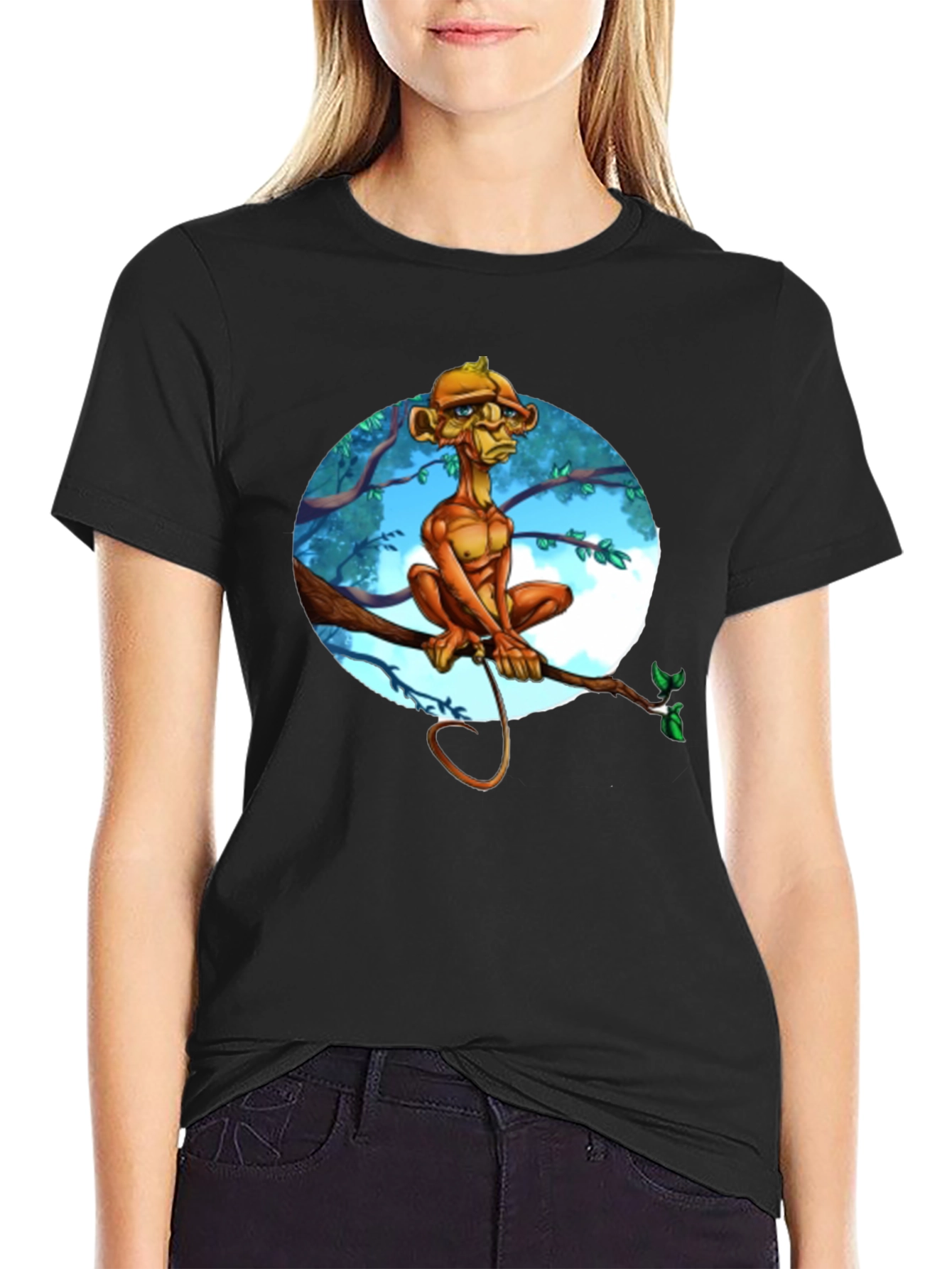 Unique Cartoon Monkey Tree Branch Graphic T-Shirt