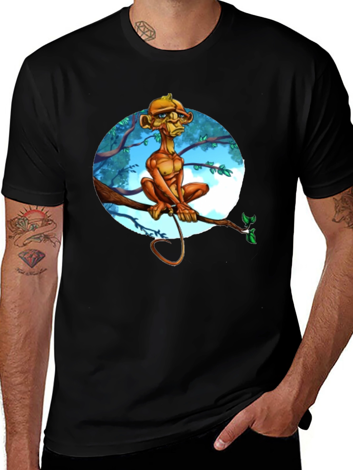Unique Cartoon Monkey Tree Branch Graphic T-Shirt
