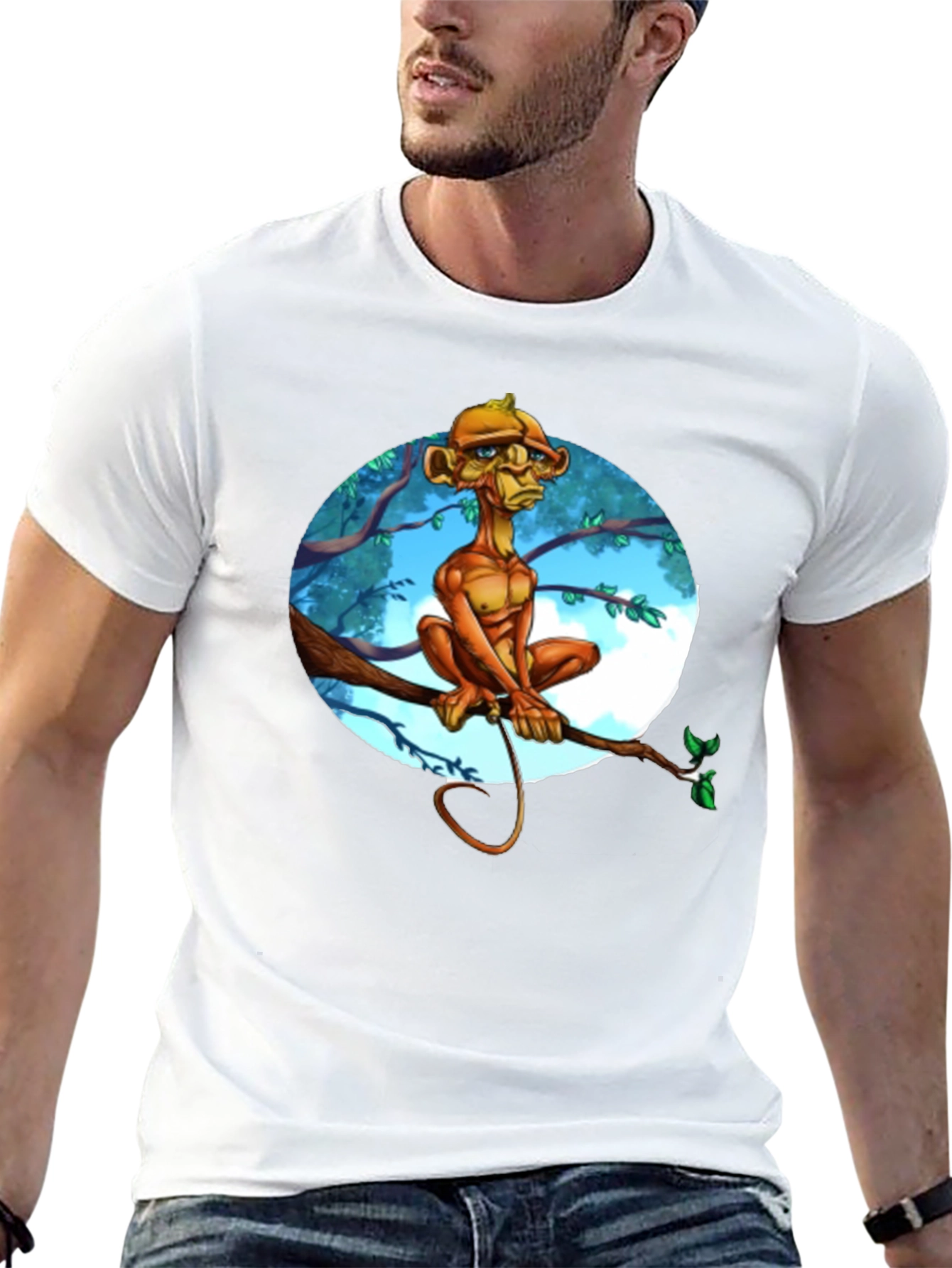 Unique Cartoon Monkey Tree Branch Graphic T-Shirt
