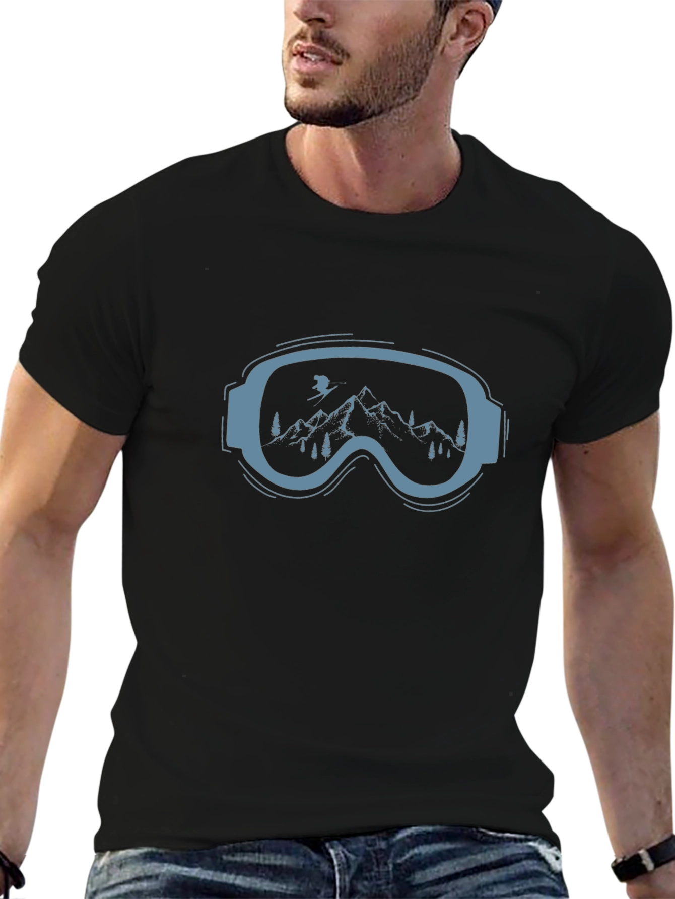 Ski Goggles Mountain Graphic Tee - Black Cotton Blend