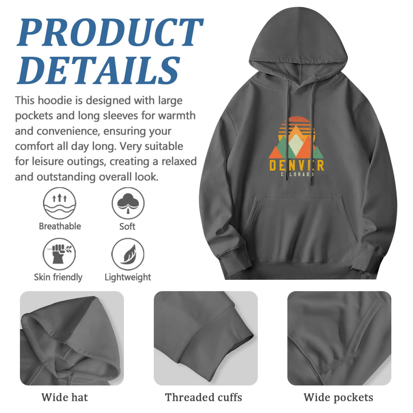 Denver Colorado Retro Mountain Sunset Hoodie, Outdoor Soft Gray Top