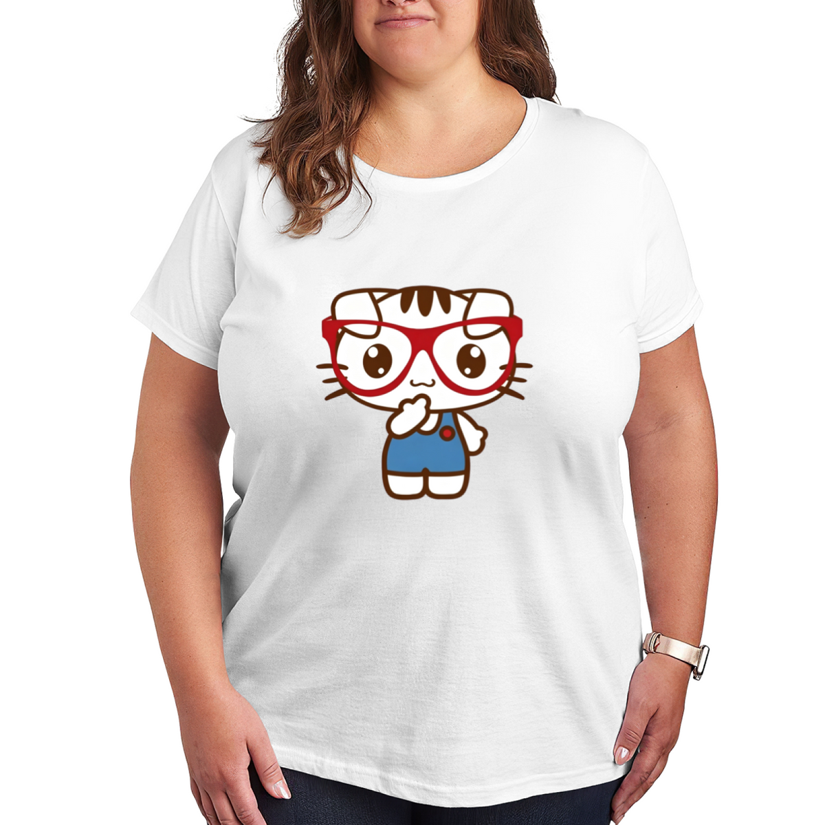 Nerdy Glasses Sweet Kitten Cartoon Plus?Size Women Casual T?Shirt