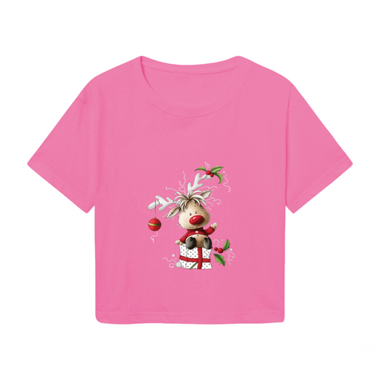 Cute Christmas Reindeer Gift Box Holiday Crop Tee