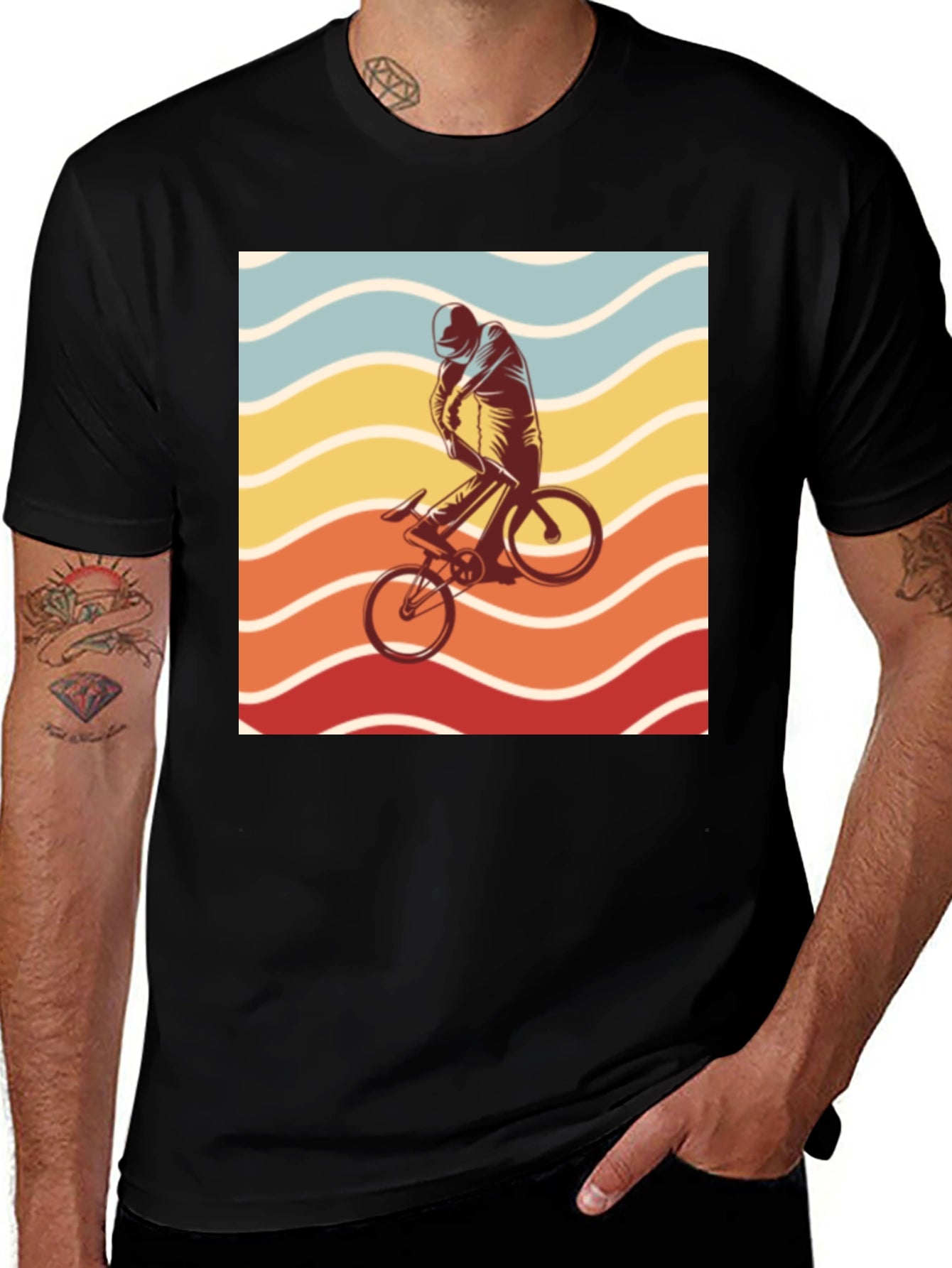 Retro Sunset Cyclist Graphic Tee - Black