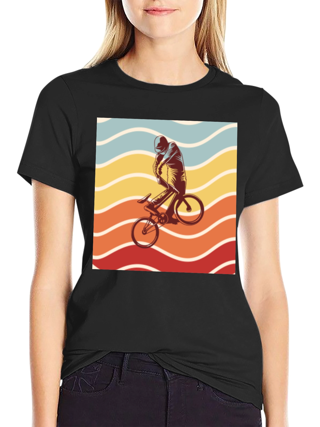 Retro Sunset Cyclist Graphic Tee - Black