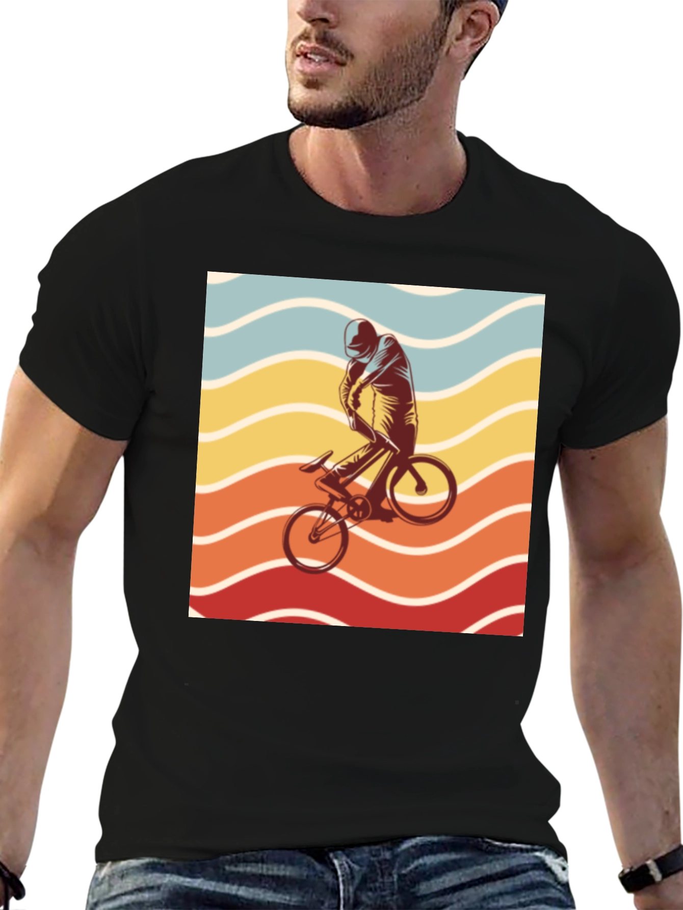 Retro Sunset Cyclist Graphic Tee - Black