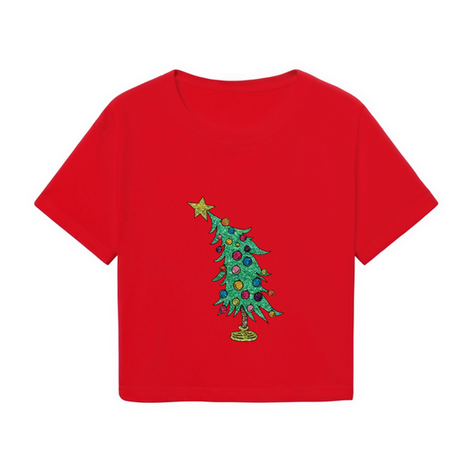 Vintage Glitter Christmas Tree Holiday Vibe Crop Top