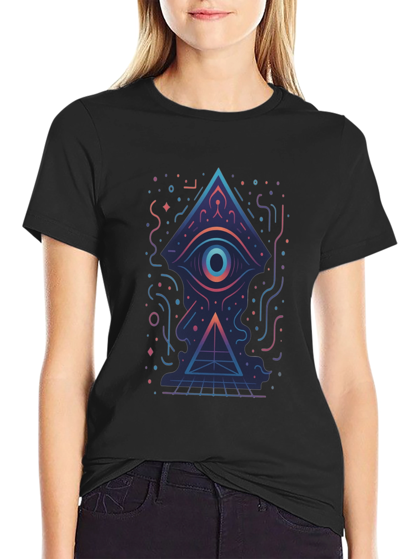 Geometric Eye Pyramid Graphic Tee - Black