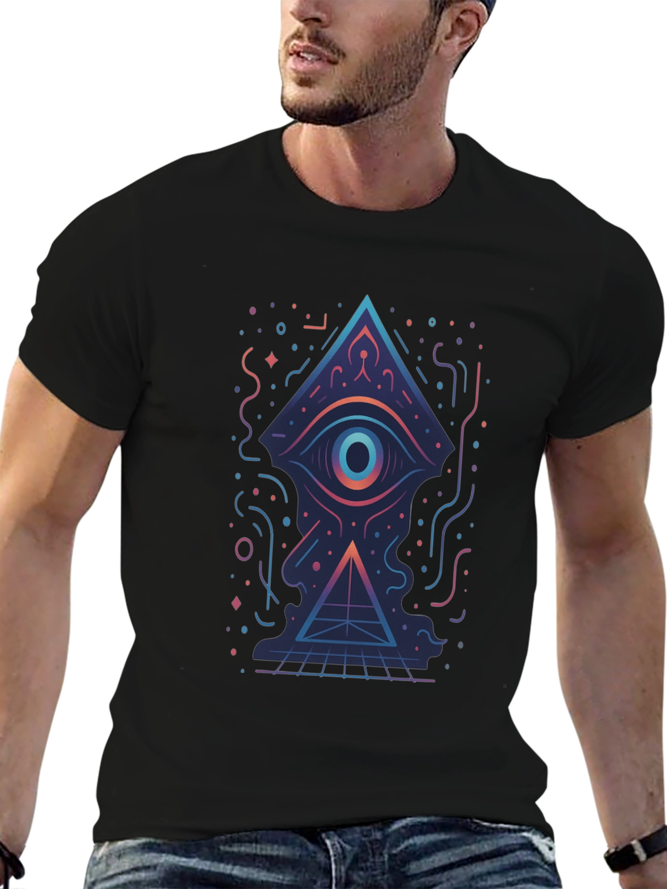 Geometric Eye Pyramid Graphic Tee - Black