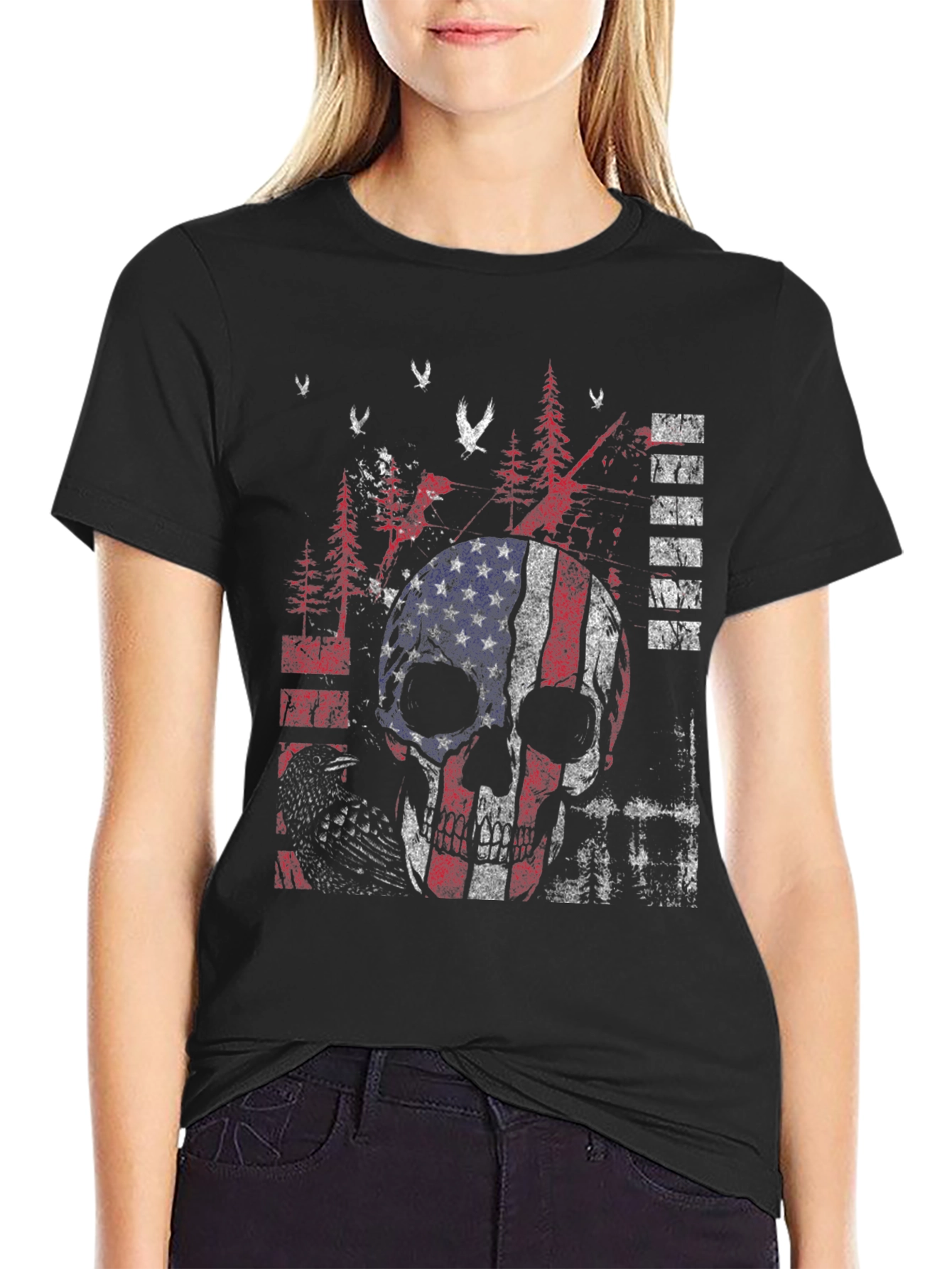 American Flag Skull Graphic Print T-Shirt