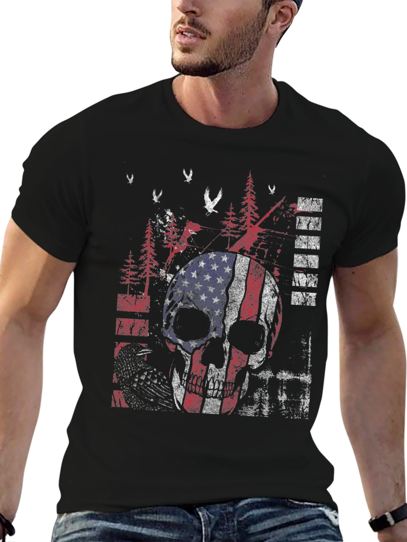 American Flag Skull Graphic Print T-Shirt