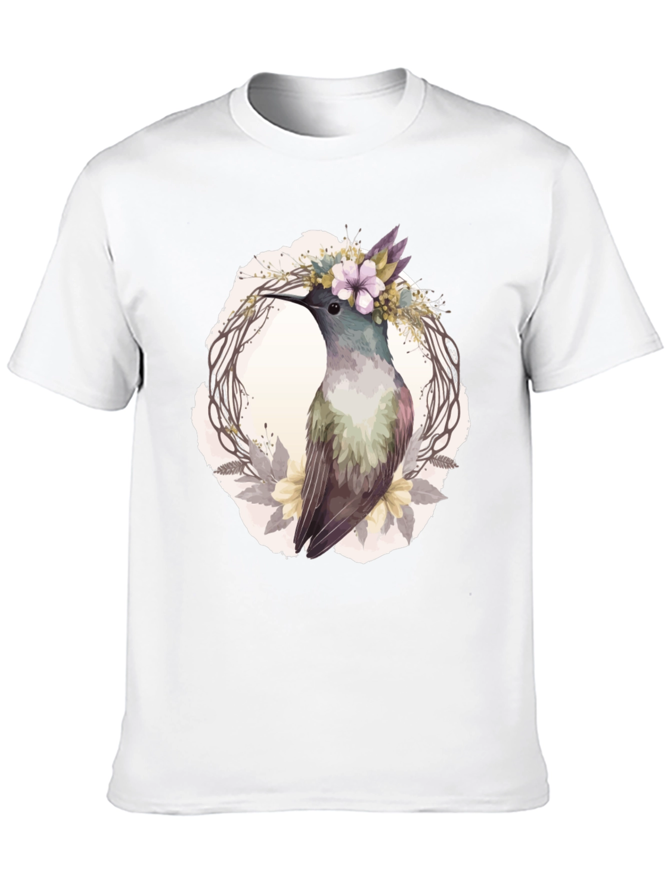 Hummingbird Floral Wreath T-Shirt - Nature Lover Tee