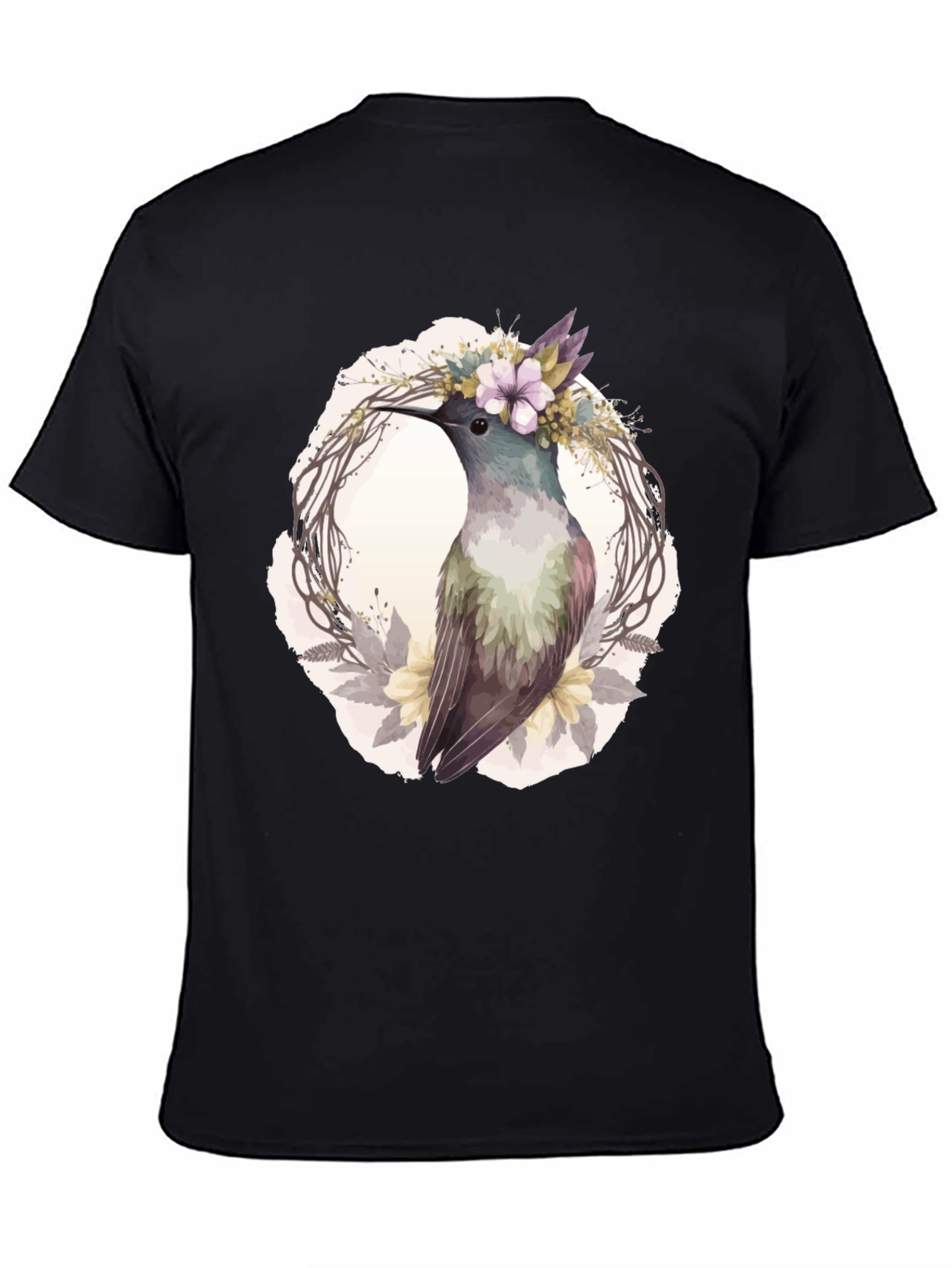 Hummingbird Floral Wreath T-Shirt - Nature Lover Tee