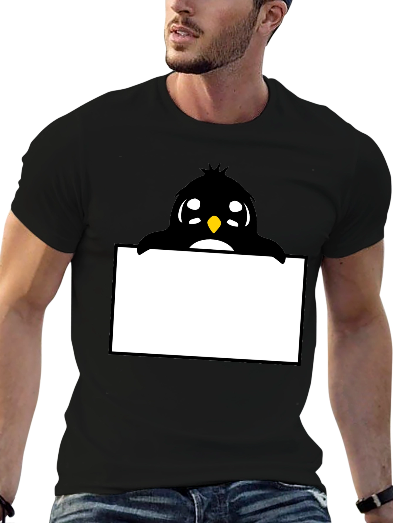 Cute Cartoon Penguin Peek-a-Boo Black T-Shirt