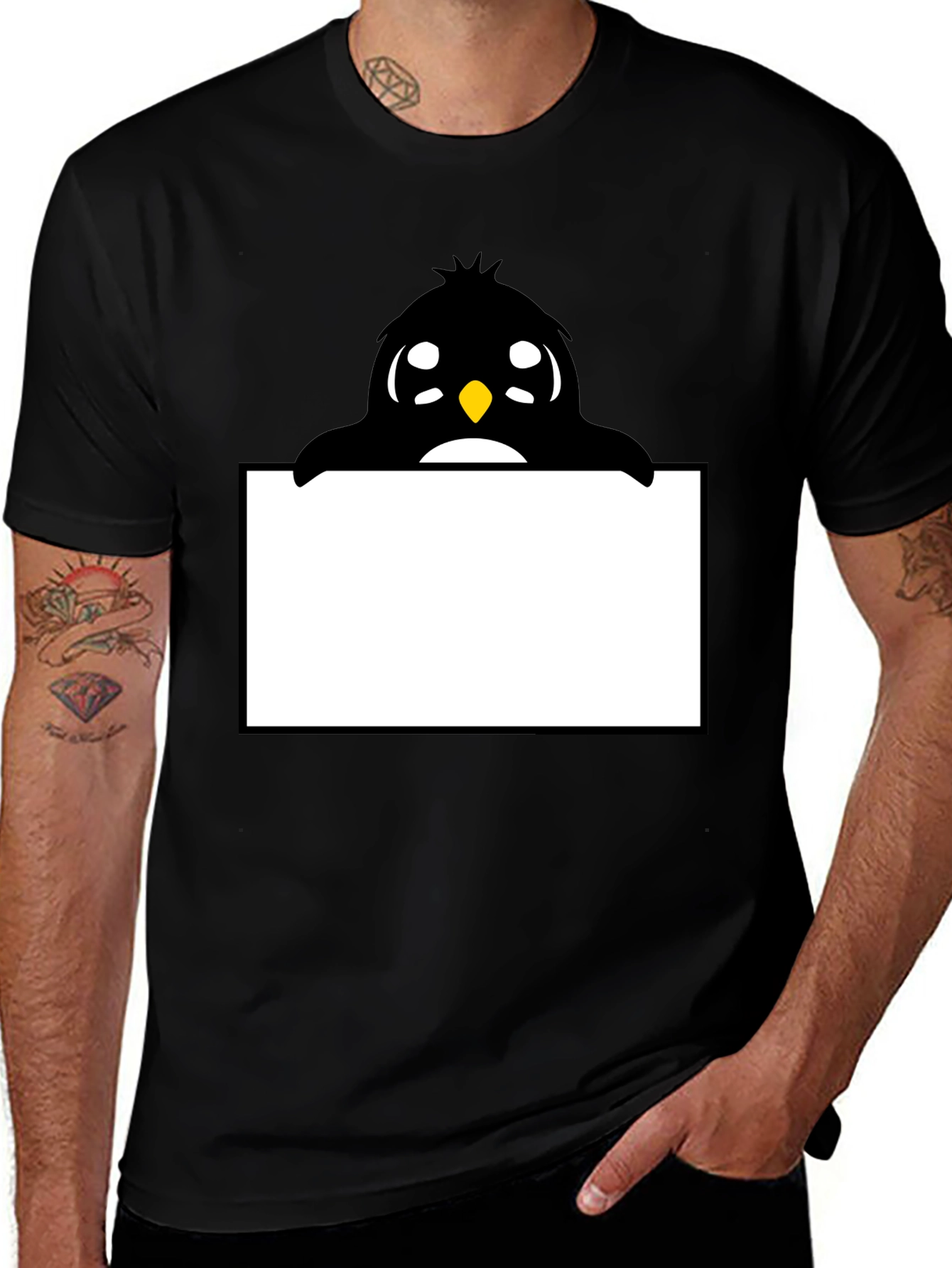 Cute Cartoon Penguin Peek-a-Boo Black T-Shirt