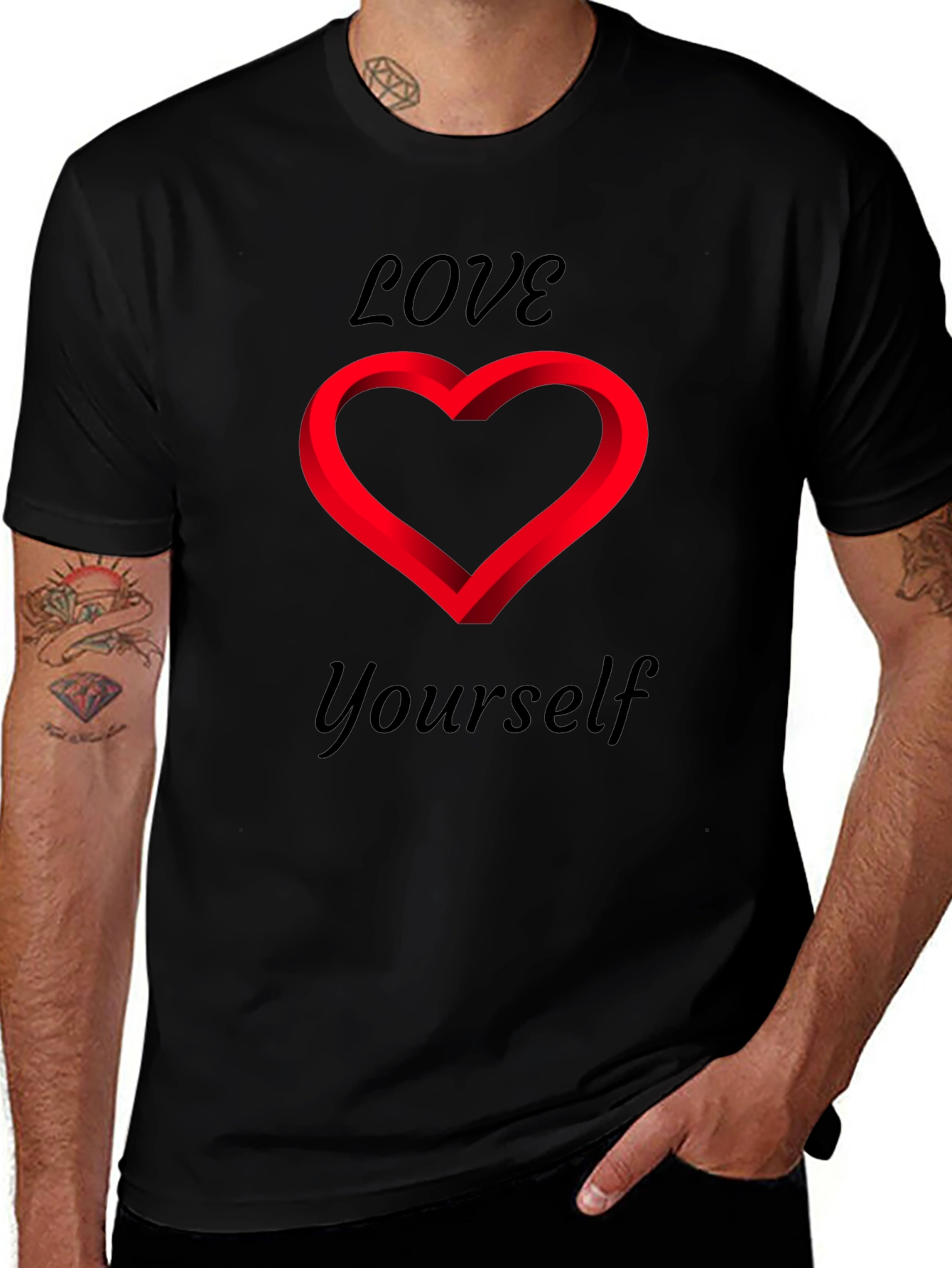 Love Yourself Black T-Shirt - Heart Design