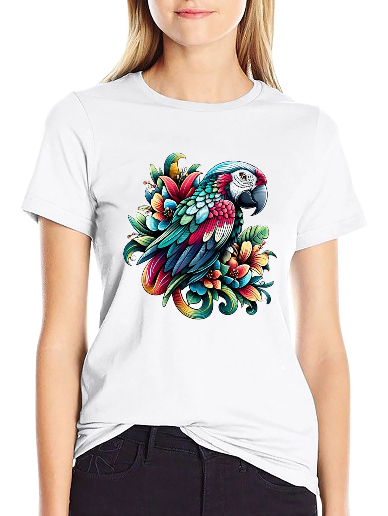 Parrot & Floral Graphic Tee - Vivid Design