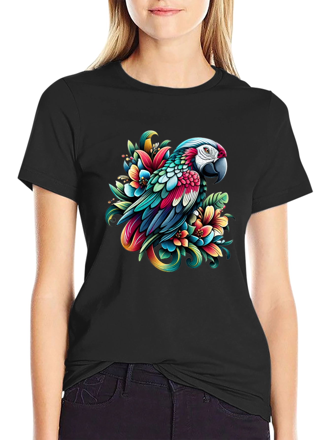 Parrot & Floral Graphic Tee - Vivid Design