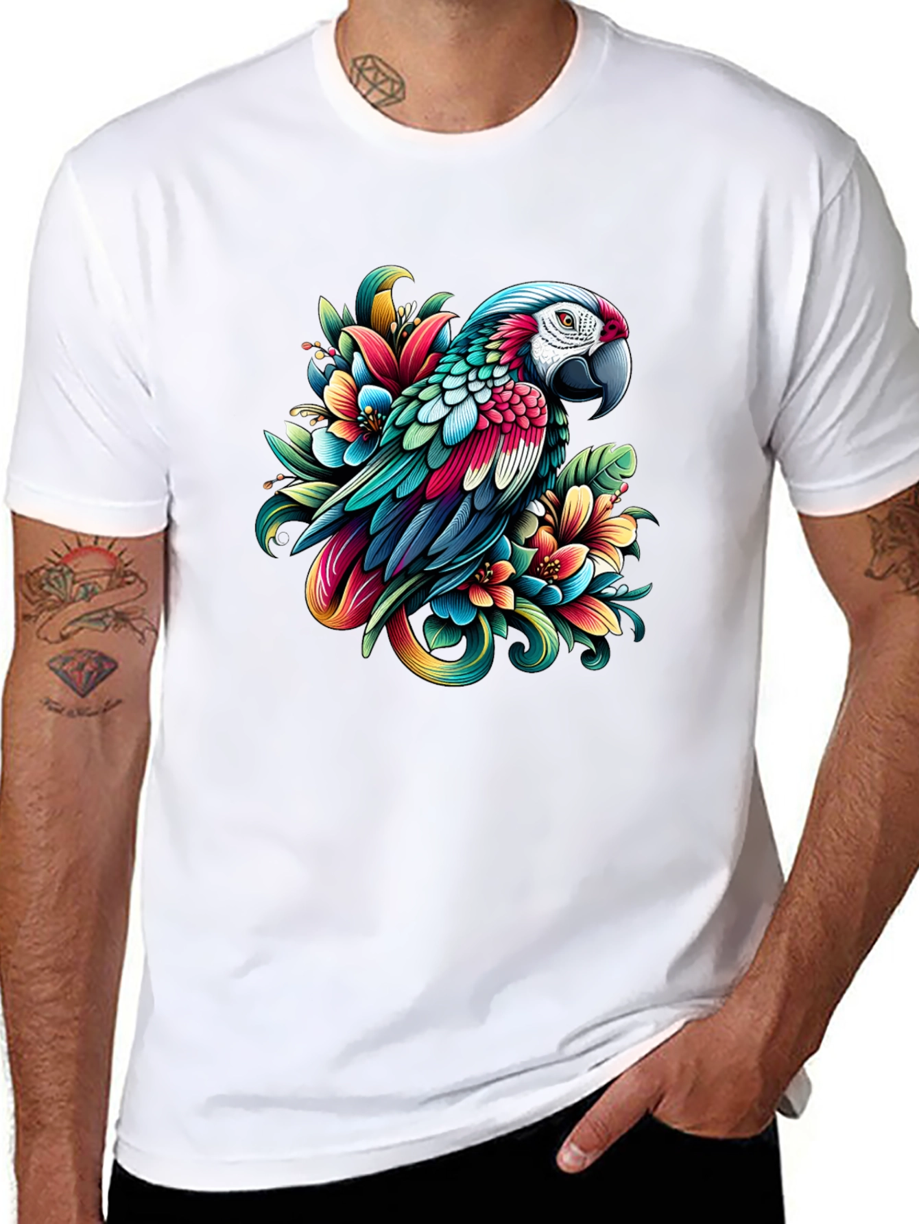 Parrot & Floral Graphic Tee - Vivid Design