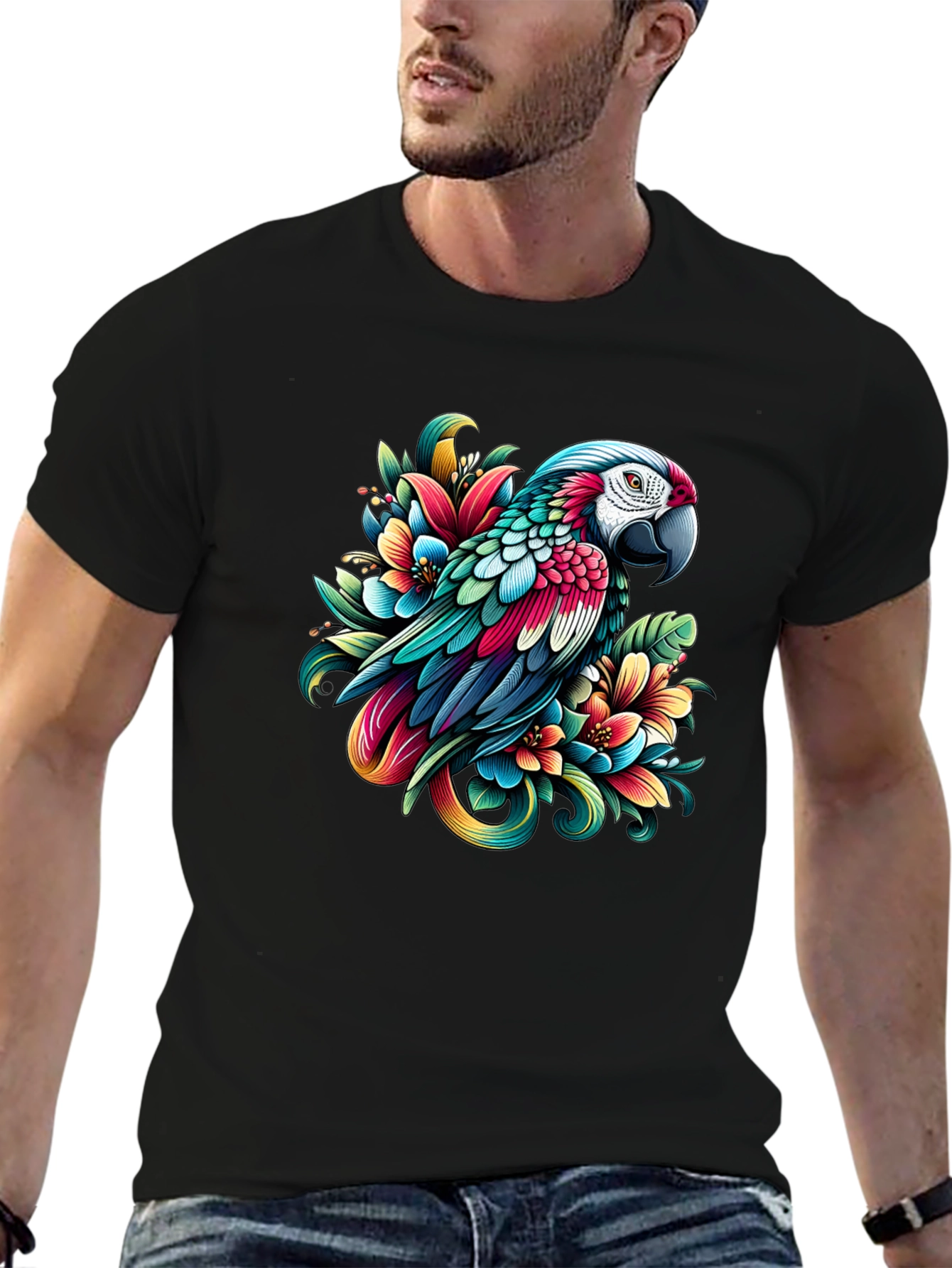 Parrot & Floral Graphic Tee - Vivid Design