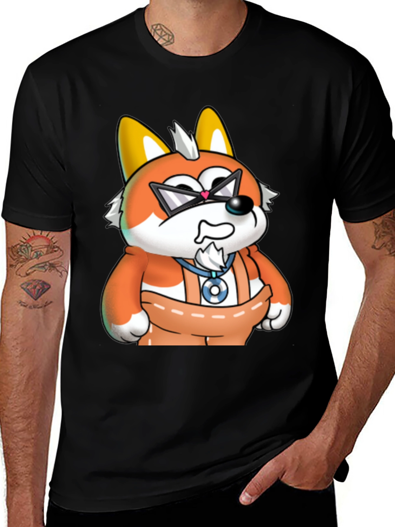 Cartoon Fox Graphic Tee - Black Cotton Blend Shirt