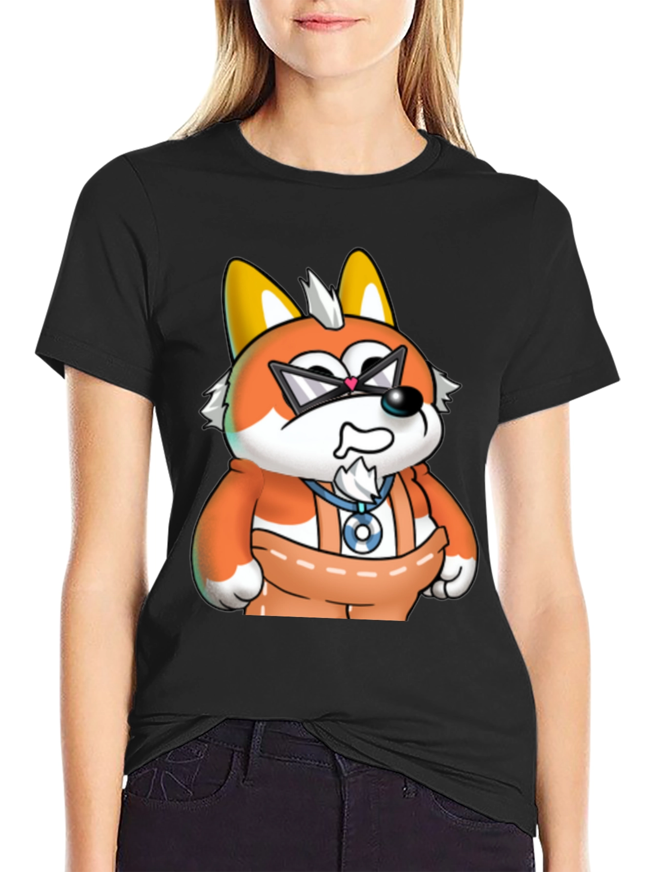 Cartoon Fox Graphic Tee - Black Cotton Blend Shirt