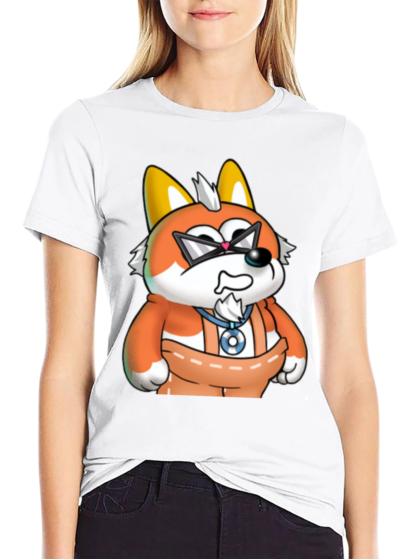 Cartoon Fox Graphic Tee - Black Cotton Blend Shirt