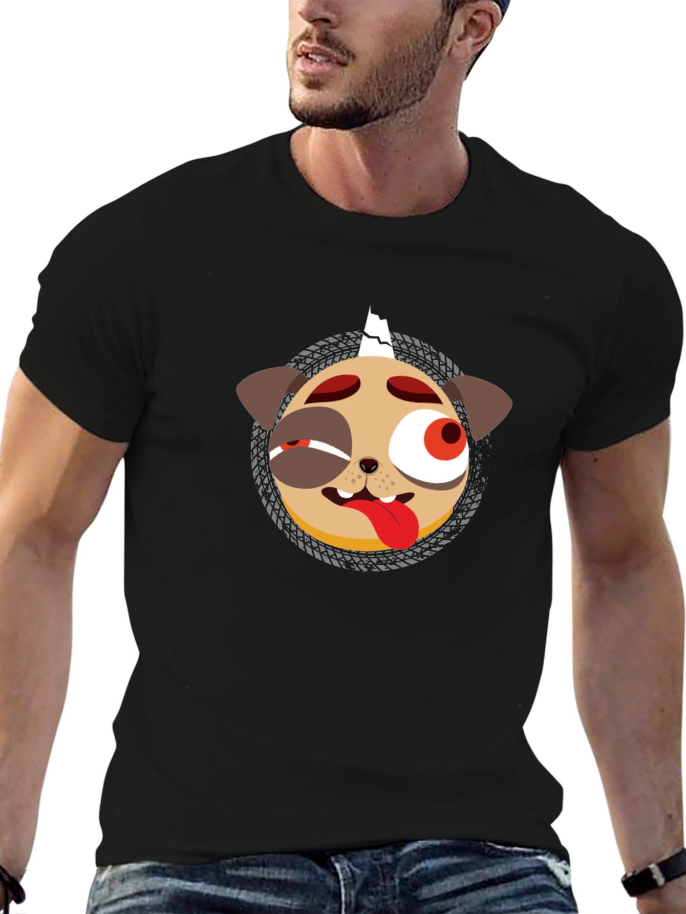 Mens Black Graphic T-Shirt - Punk Pug Design