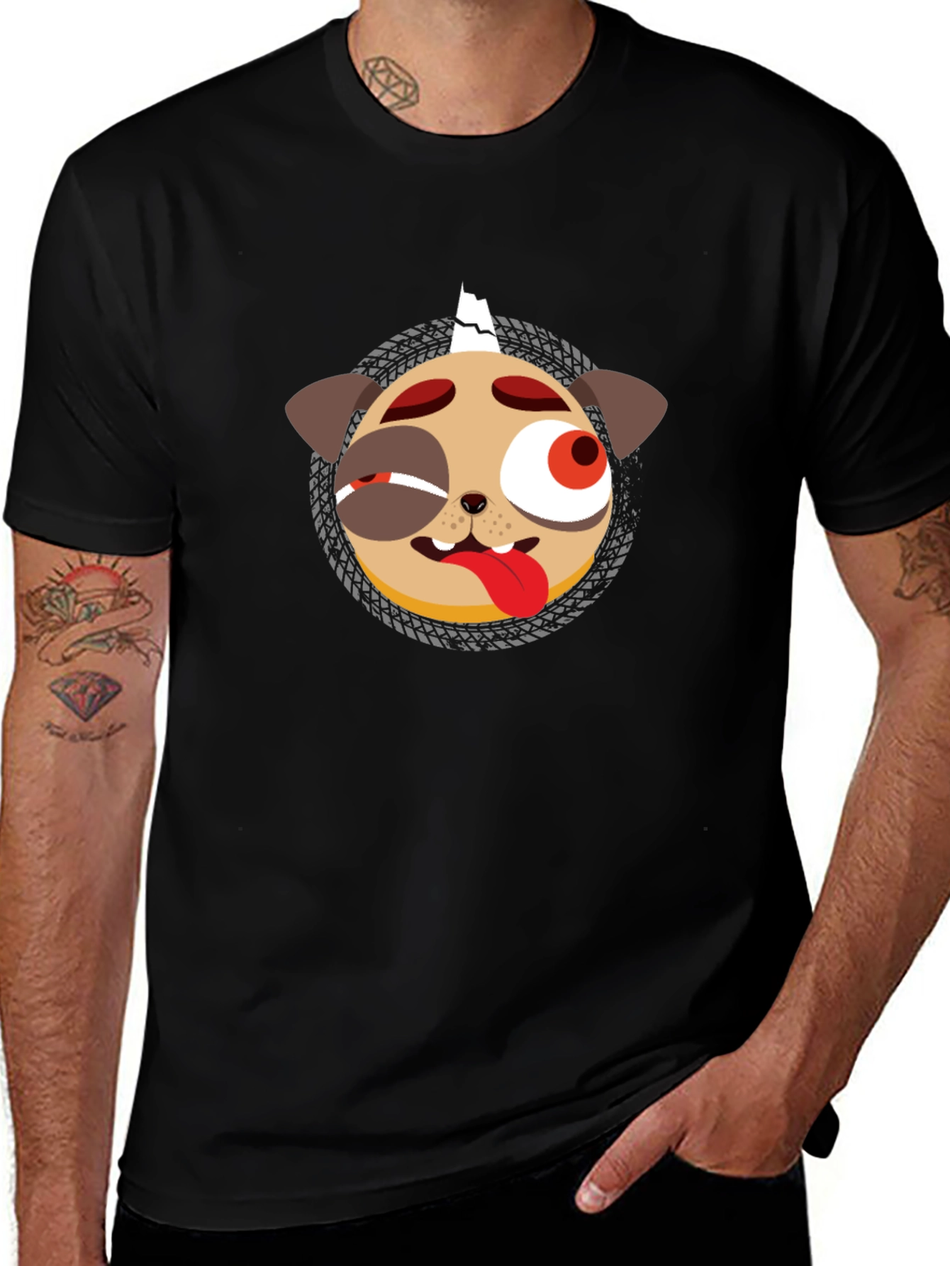 Mens Black Graphic T-Shirt - Punk Pug Design