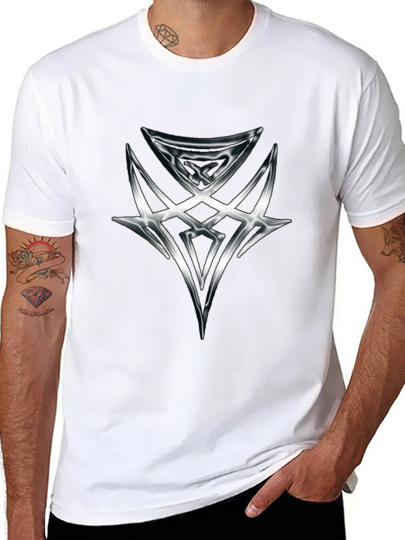 Edgy Graphic Tee - Silver Tribal Design