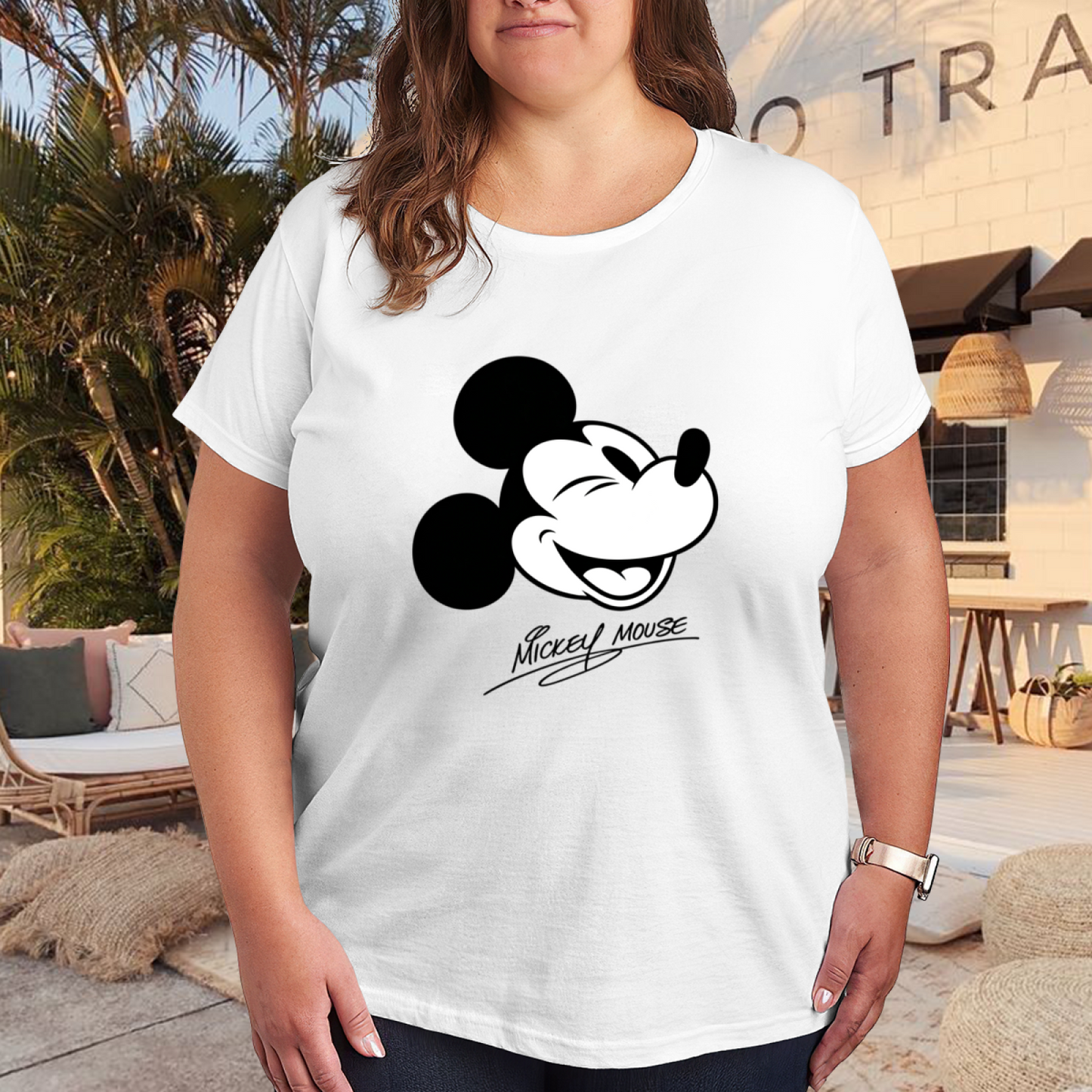 Vintage Laughing Mickey Signature Plus?Size Women White Tee