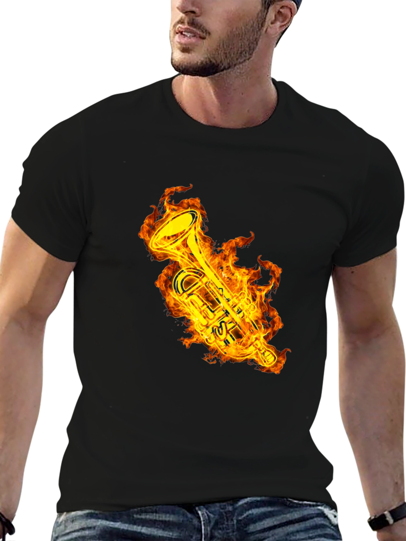Fiery Trumpet Graphic T-Shirt - Black Cotton Tee