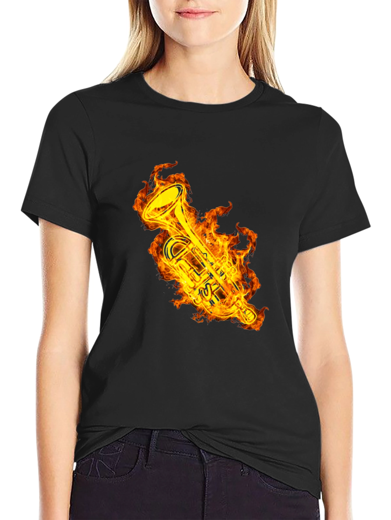 Fiery Trumpet Graphic T-Shirt - Black Cotton Tee