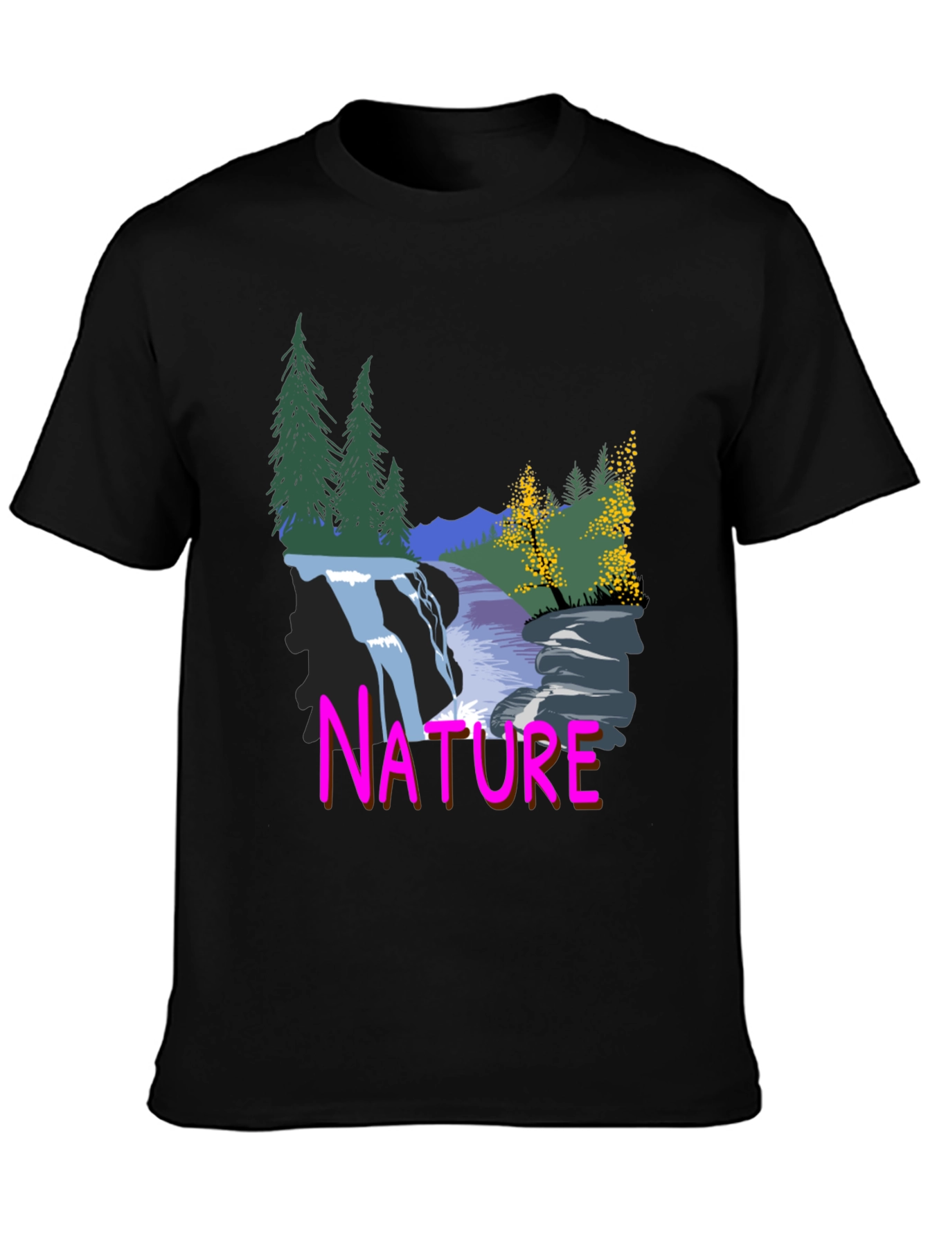 Nature Waterfall Graphic Tee - Black Cotton Blend