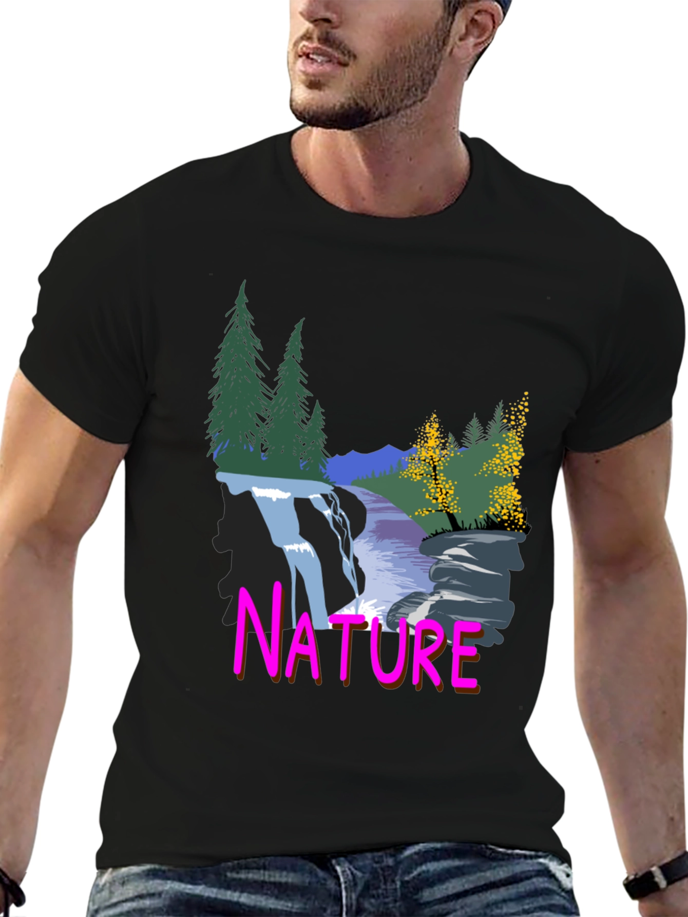 Nature Waterfall Graphic Tee - Black Cotton Blend