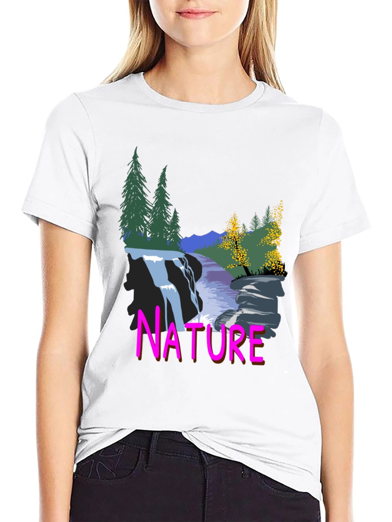 Nature Waterfall Graphic Tee - Black Cotton Blend