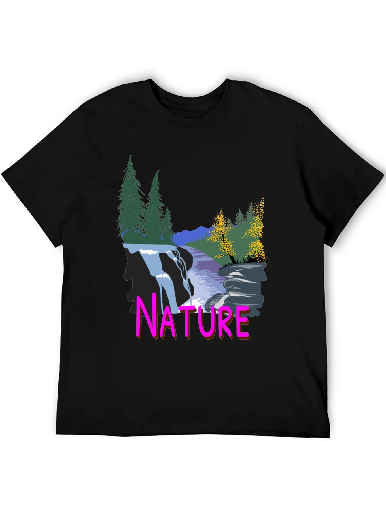 Nature Waterfall Graphic Tee - Black Cotton Blend