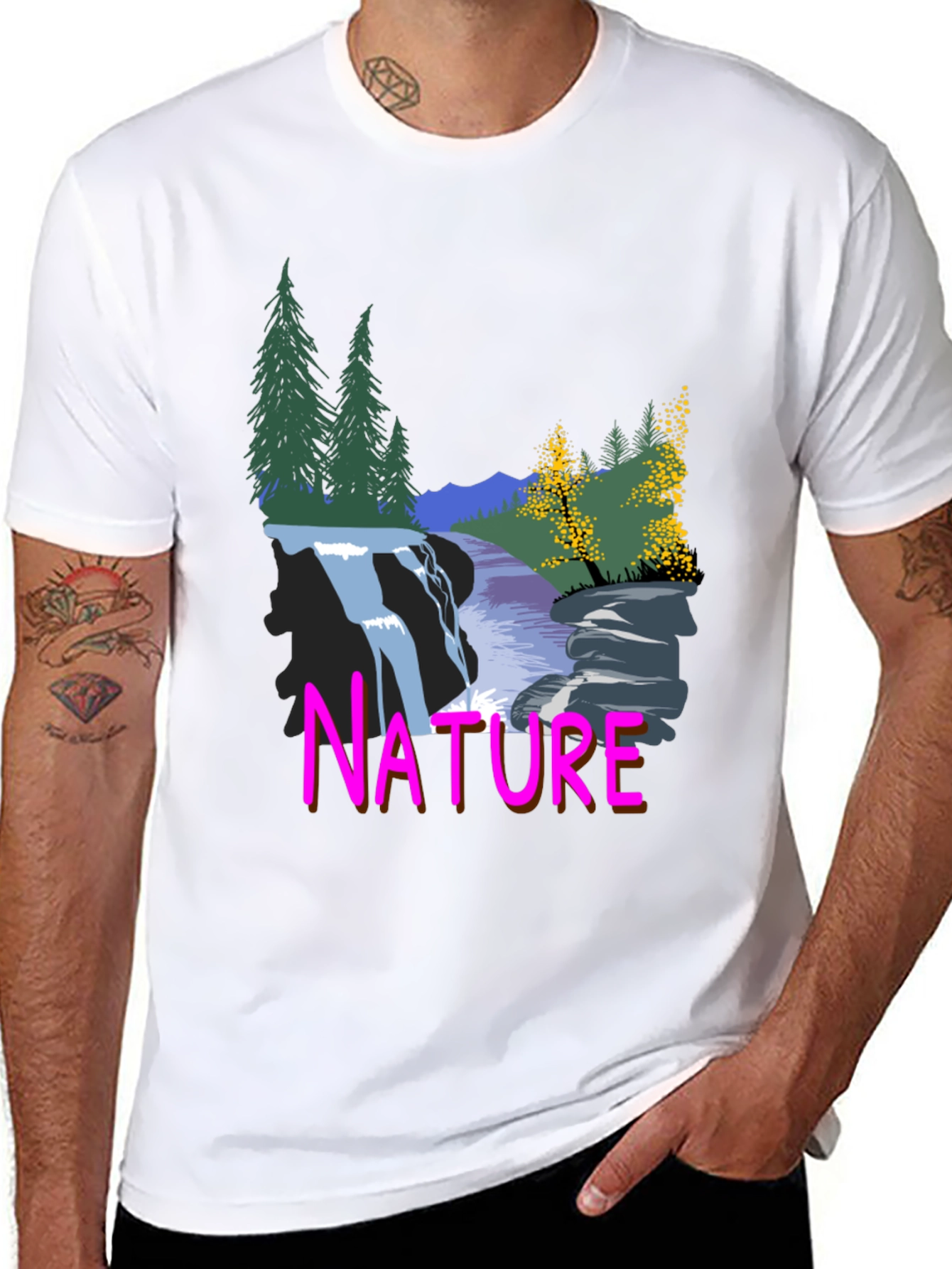 Nature Waterfall Graphic Tee - Black Cotton Blend
