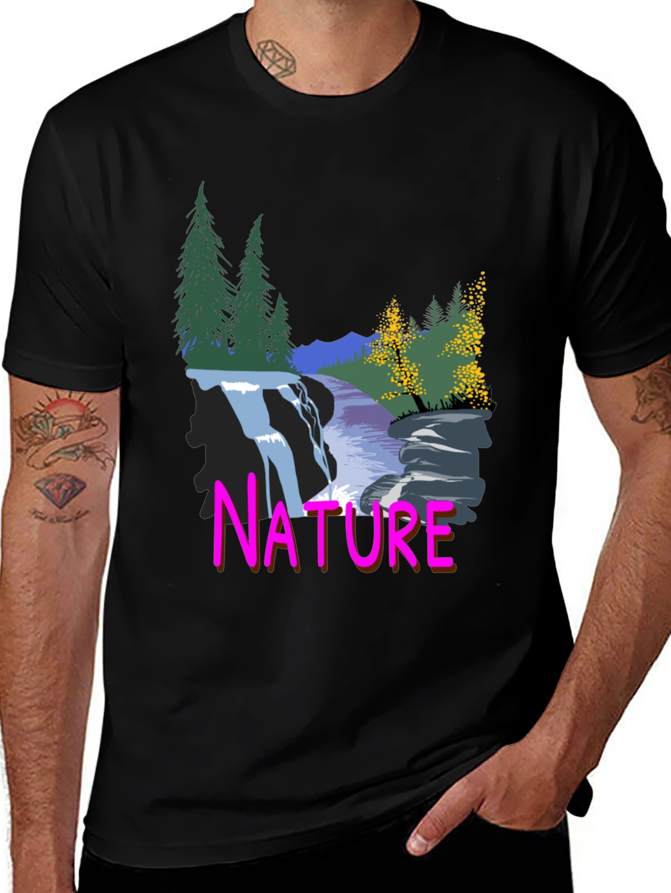 Nature Waterfall Graphic Tee - Black Cotton Blend