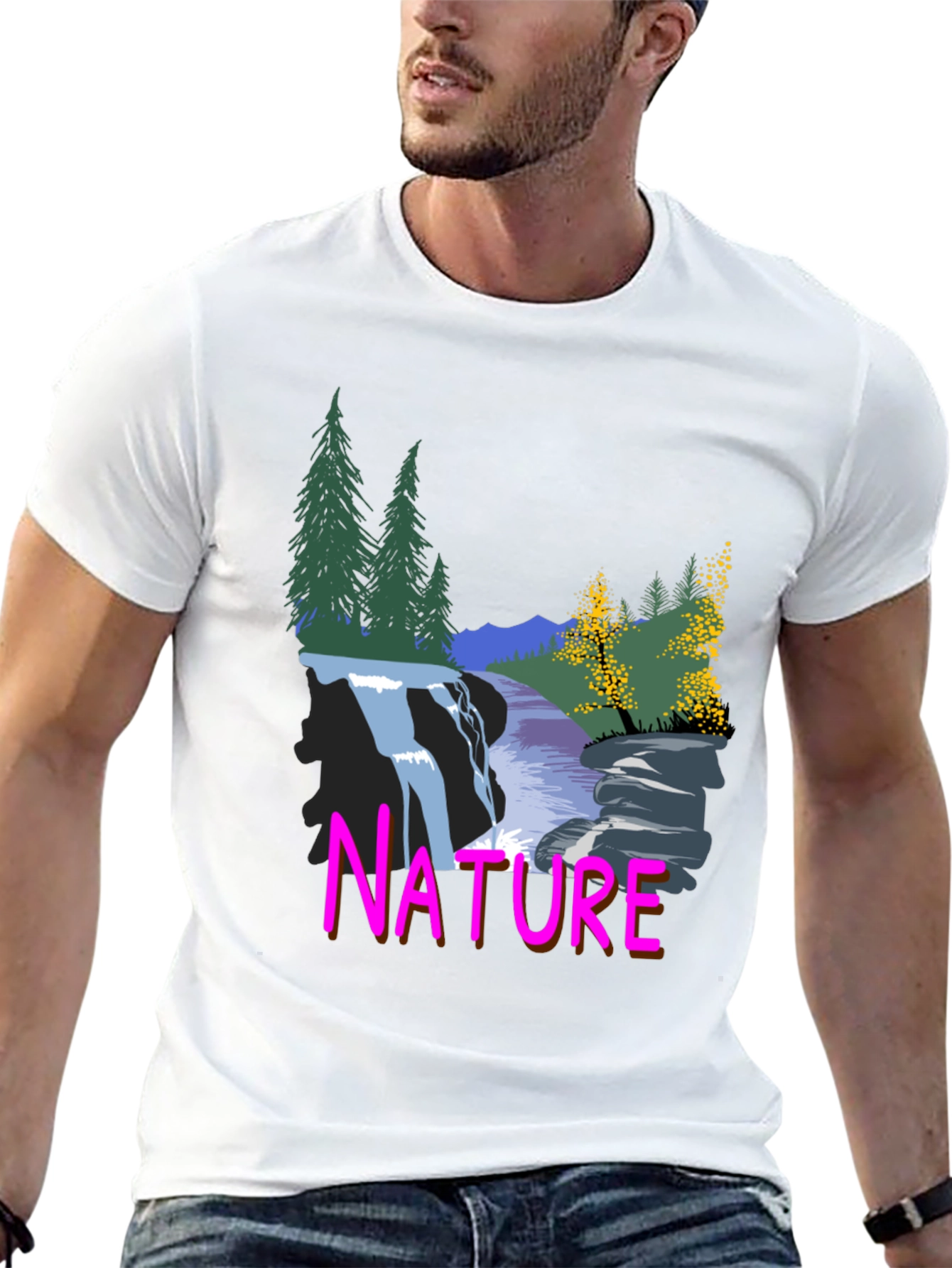 Nature Waterfall Graphic Tee - Black Cotton Blend