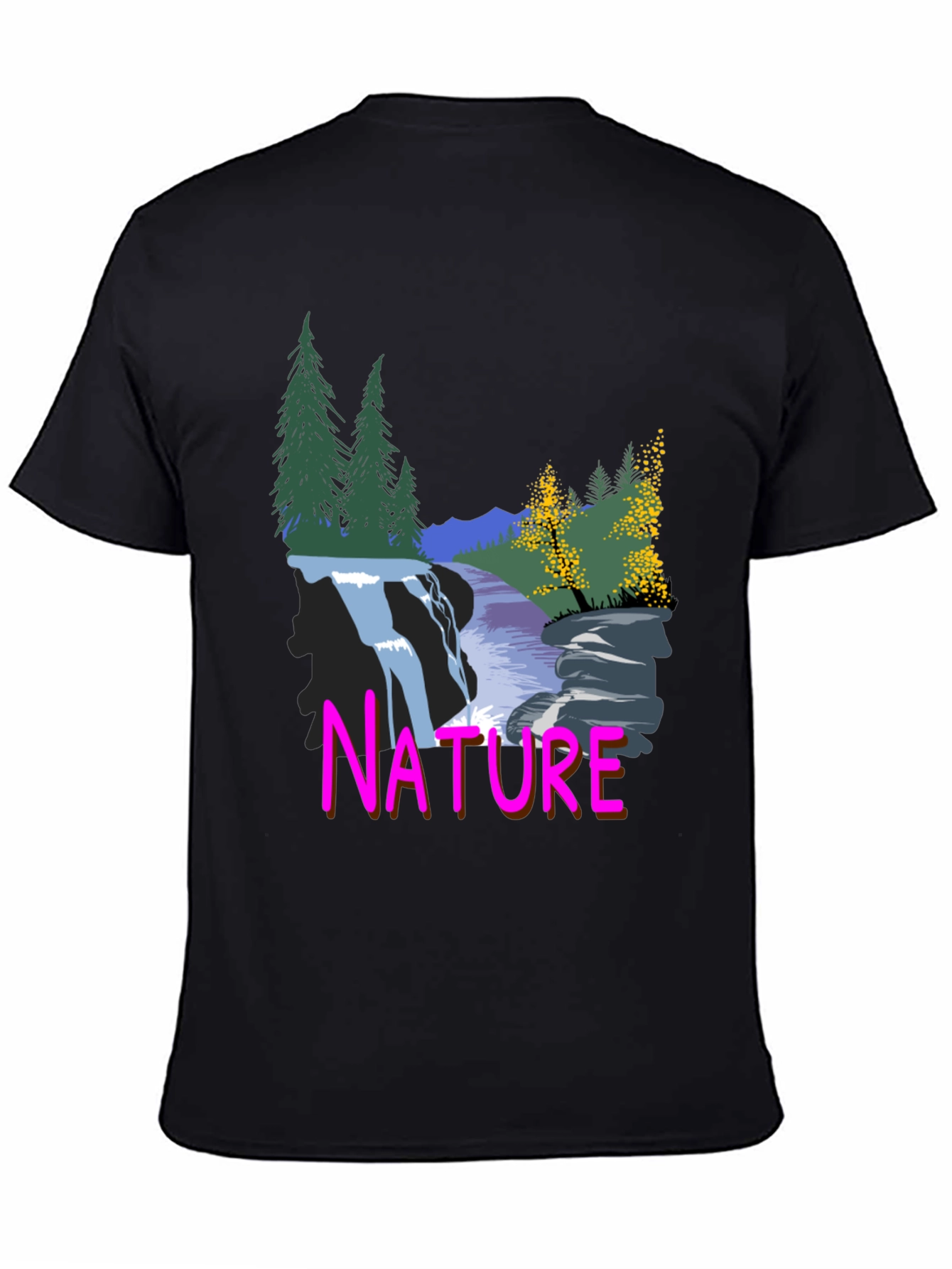 Nature Waterfall Graphic Tee - Black Cotton Blend