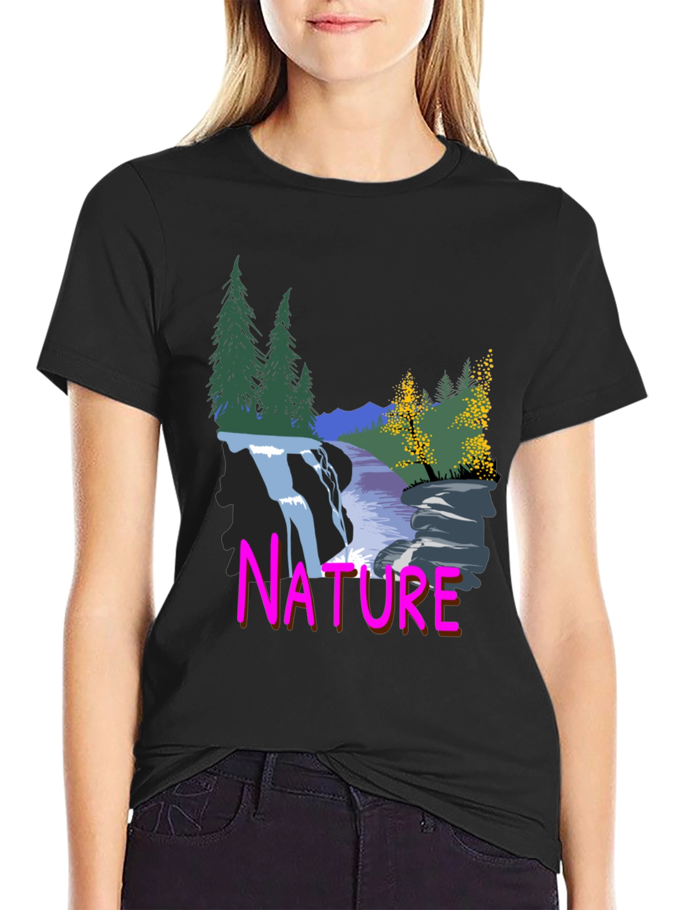 Nature Waterfall Graphic Tee - Black Cotton Blend