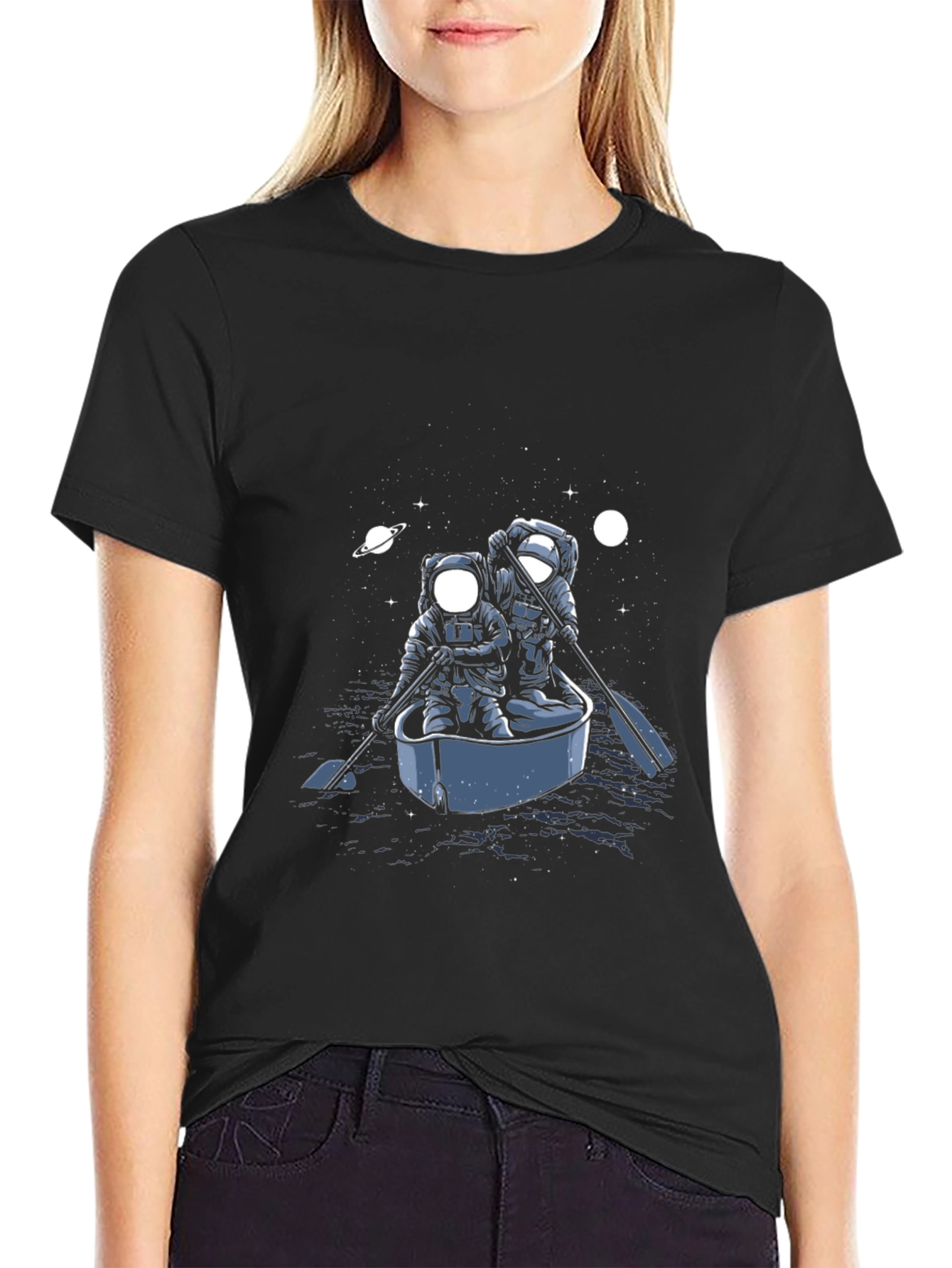 Astronauts in Boat Graphic Tee - Space Adventure Shirt