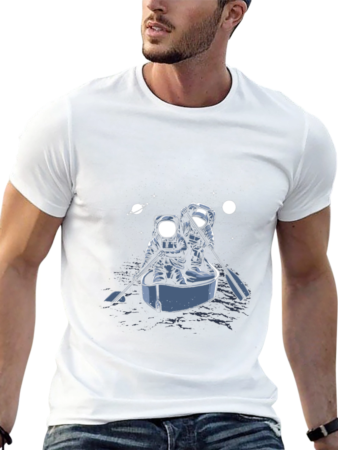 Astronauts in Boat Graphic Tee - Space Adventure Shirt