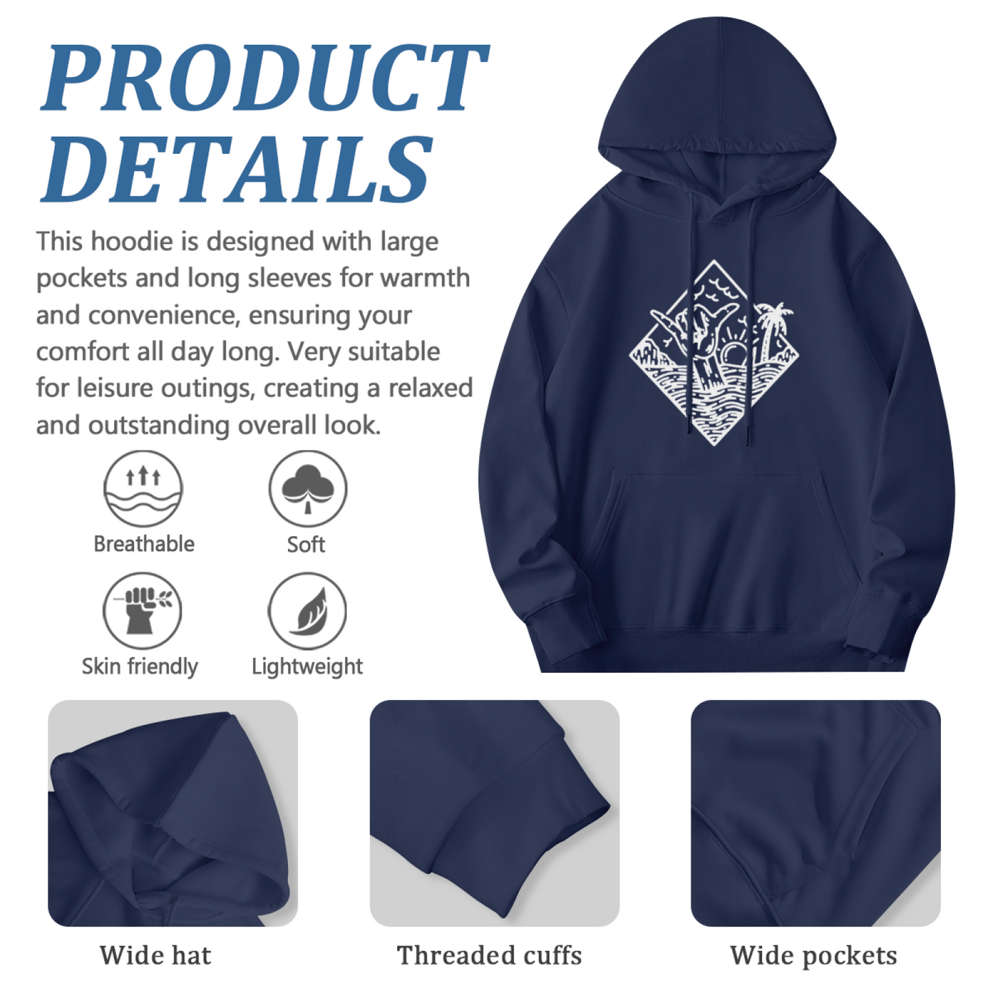 Ocean Whale Palm Tree Line Art Navy Hoodie, Unisex Relaxed Comfort Beach Outfit