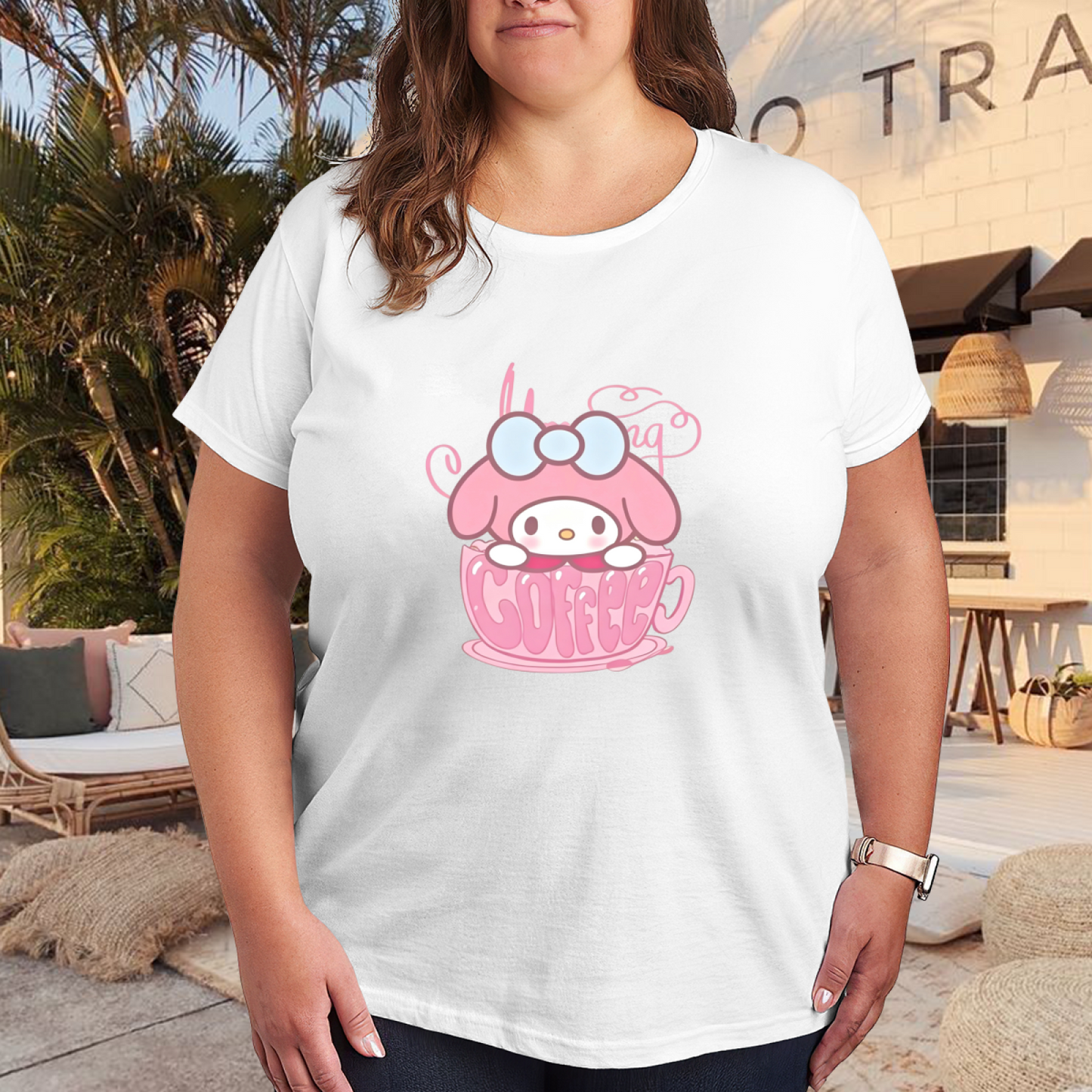Sweet My Melody Coffee Cup Print Plus?Size Ladies T?Shirt