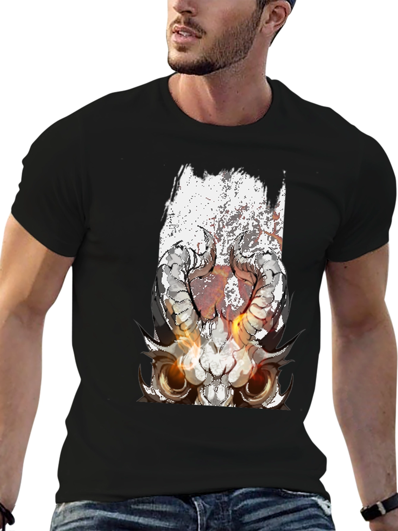 Black T-Shirt with Skull and Horns Graphic