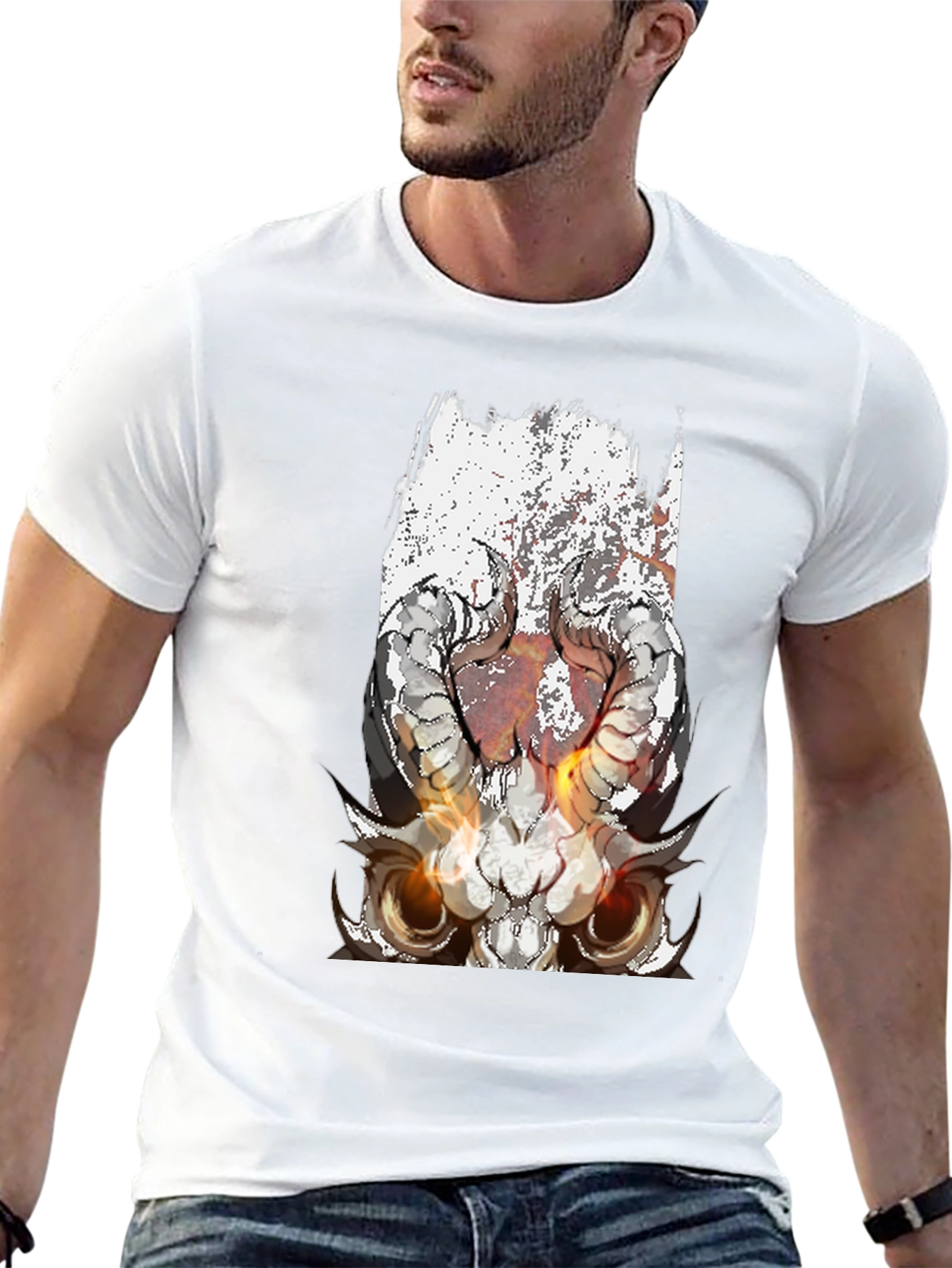 Black T-Shirt with Skull and Horns Graphic